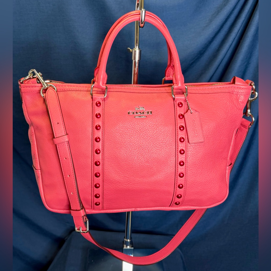 Coach Central Strawberry Pink Leather Enamel Studded Satchel Crossbody Bag